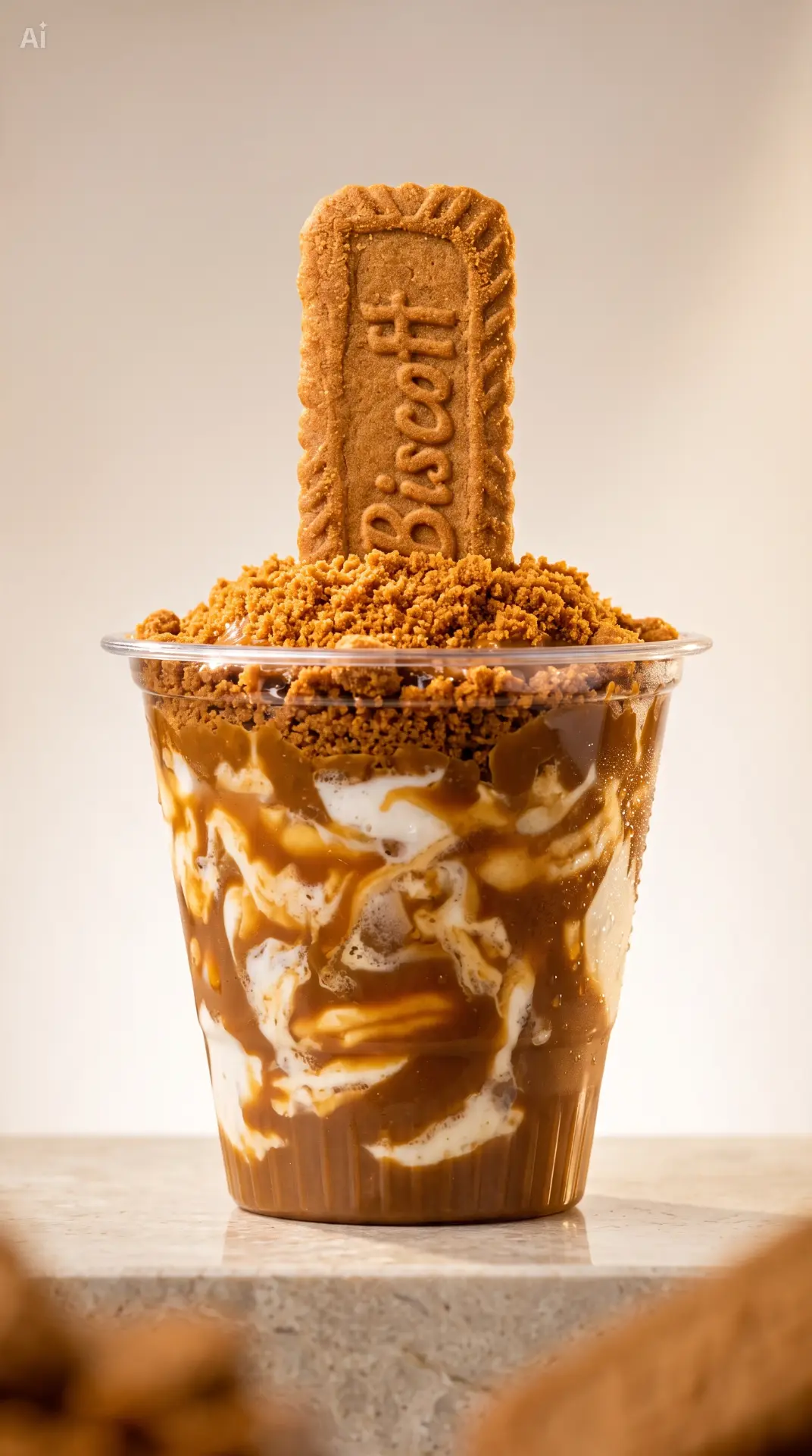 A Stuffed Cup showing its five layers: base sauce, warm bake, gelato, more sauce and crunchy crumbles